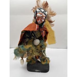Vintage African Folk Art Tribal Dan Dancer Doll w Mask Handmade Wood 12” high